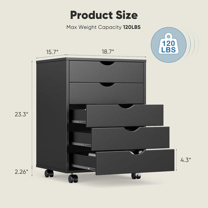 OLIXIS 7 Drawer Mobile File Cabinet Under Desk Storage Organization with Wheels Vertical Filing Chest Rolling Wood Small Desk Printer Stand for Home Office, 15.75"D x 18.74"W x 34.25"H, Black