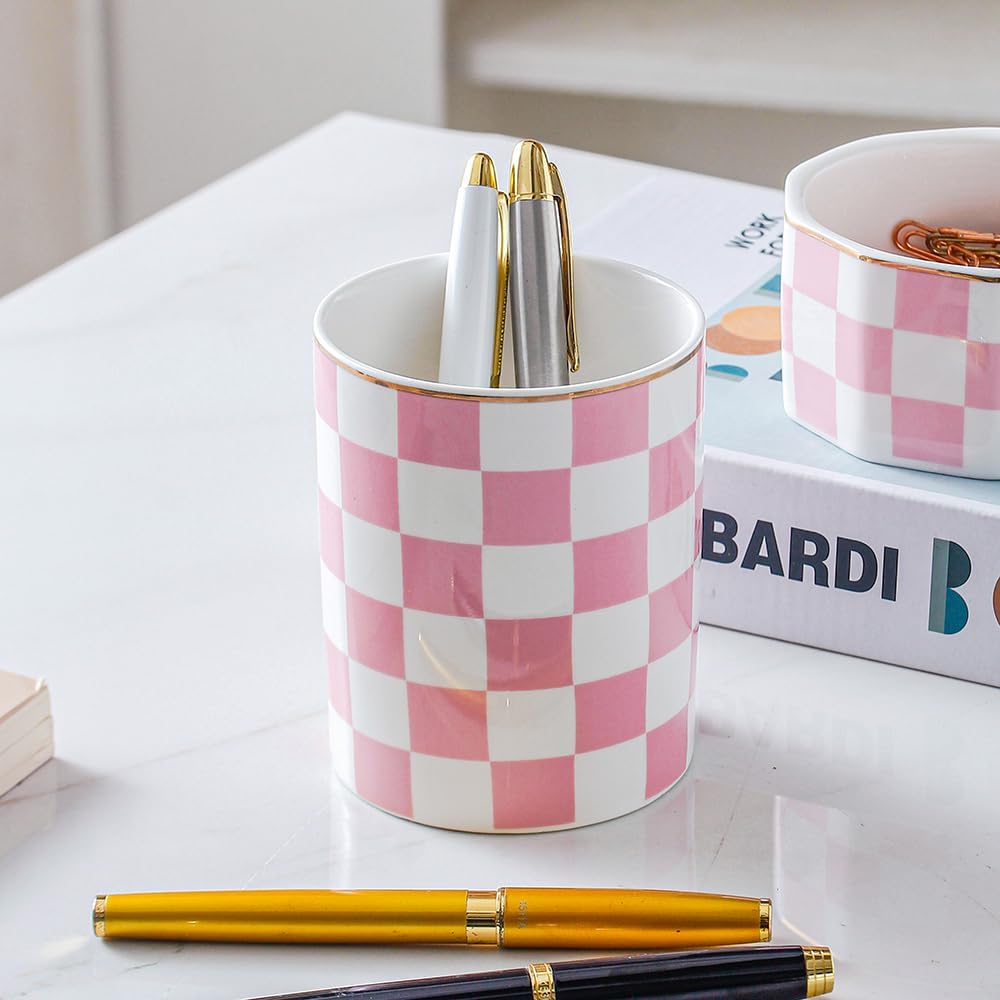 Aesthetic Desk Organizer Set of 2 For Office, Checkered Pen Holder and Paper Clip Holder Dispenser, Ceramic Cute Pencil Cup, Desktop Accessories, Office Decor, Ideal Gifts for Mom (Pink-White)