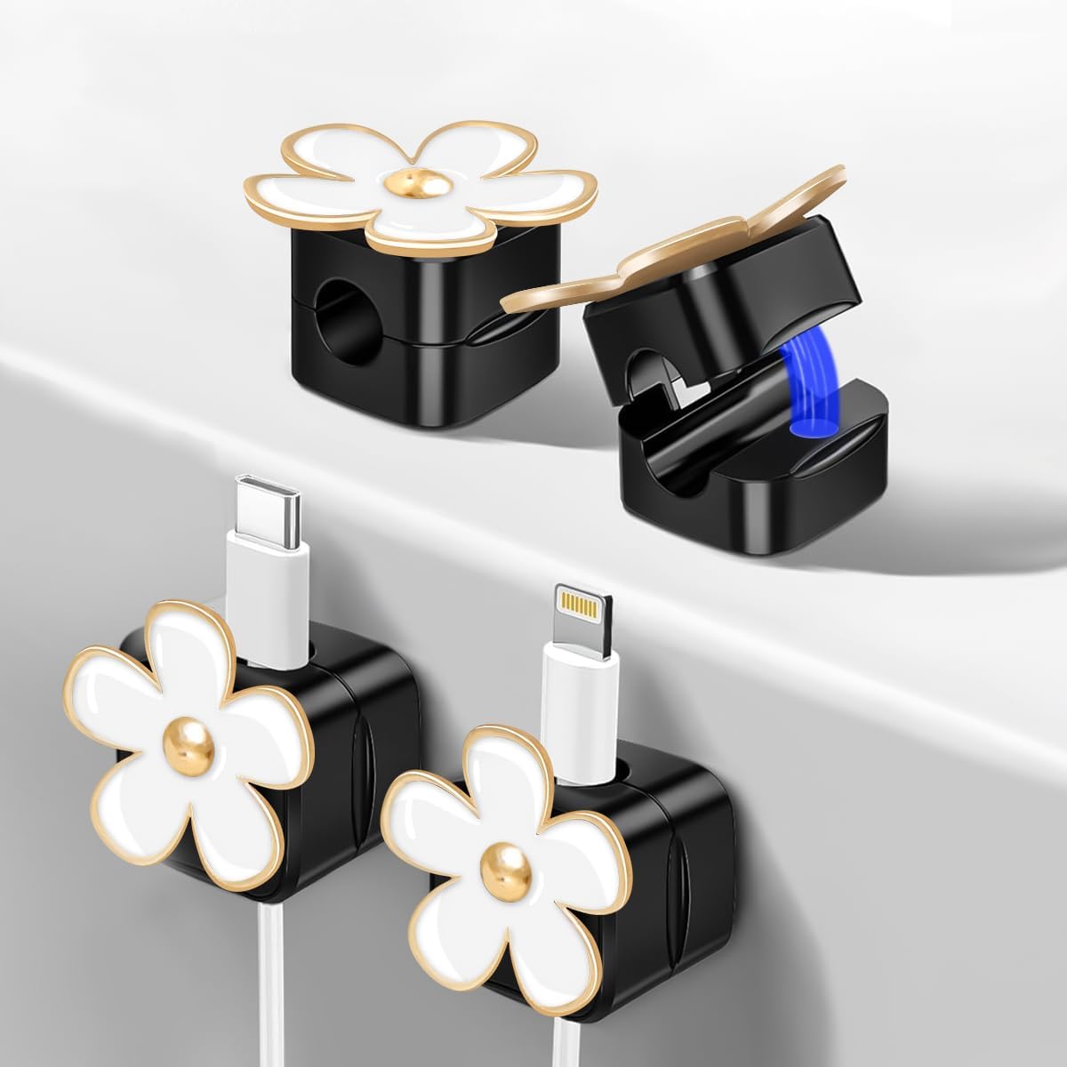 Magnetic Cord Organizer, Easy Secure Adhesive Cable Management, Wire Holder Organizer, Hide Or Organize Phone USB Charger Cable Clips for Home,Office,Car,Desk,Nightstand (White Flower-8 Pack)