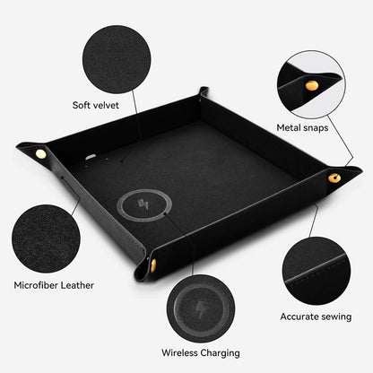 Wireless Charging Valet Tray, Hi-HONX Travel Essentials Organizer with 15W Fast Qi Charger for Passport, Phone, Keys, Wallet | Bedside Desk Valet Tray for Hotel, Home Entryway, Dresser