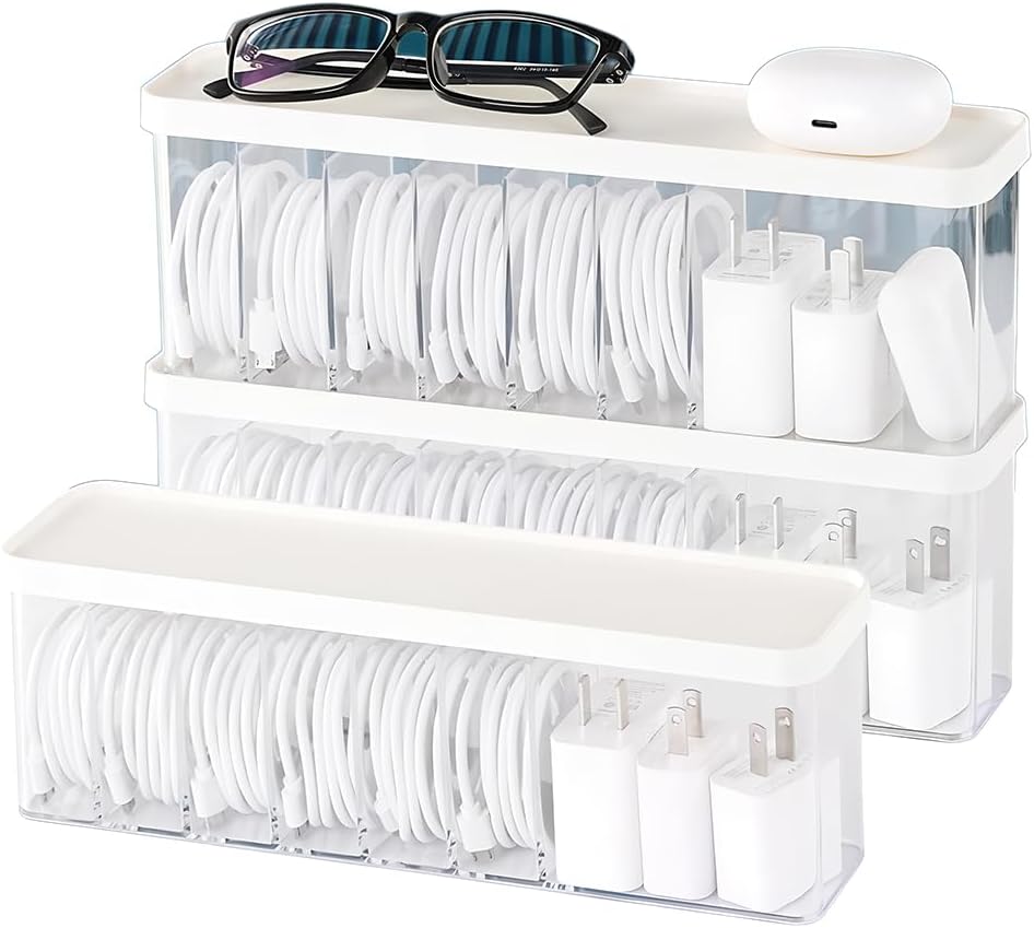Charger Cable Cord Storage Organizer Box - 2 Pack With Lid - Easy Storage Without Cable Ties