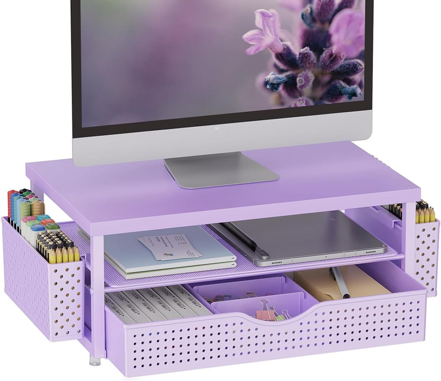 gianotter Wood Monitor Stand Riser, Office Desk Shelf Organizer, Desk Organizer with Drawer and Pen Holder, 2-Tier Computer Stand, Office Organization (Ink)