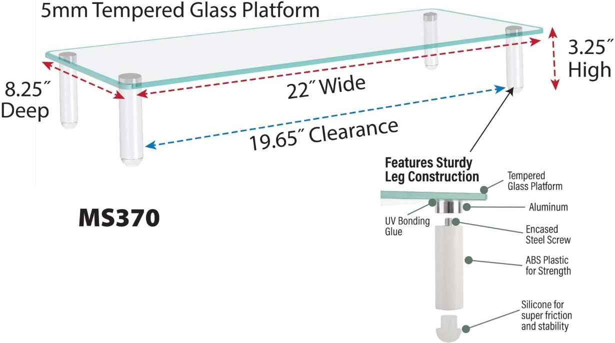 Kantek Extra-Wide Glass Monitor Riser with 8mm Tempered Glass Platform and 60-Pound Capacity, Clear Glass (MS380), 3.3" x 39.4" x 10.2"