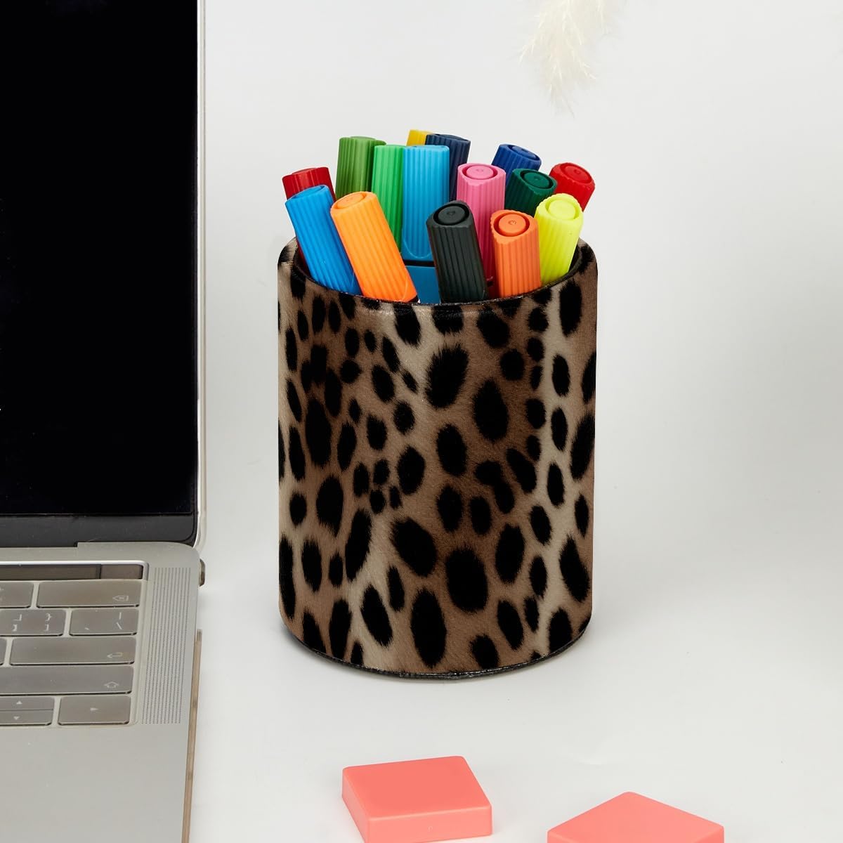 Leather Pen Holder for Desk, Love Cherry Pencil Organizer Pencil Cup Desk Decor Makeup Brush Holder Multifunctional Office Supplies for Home,Office, School