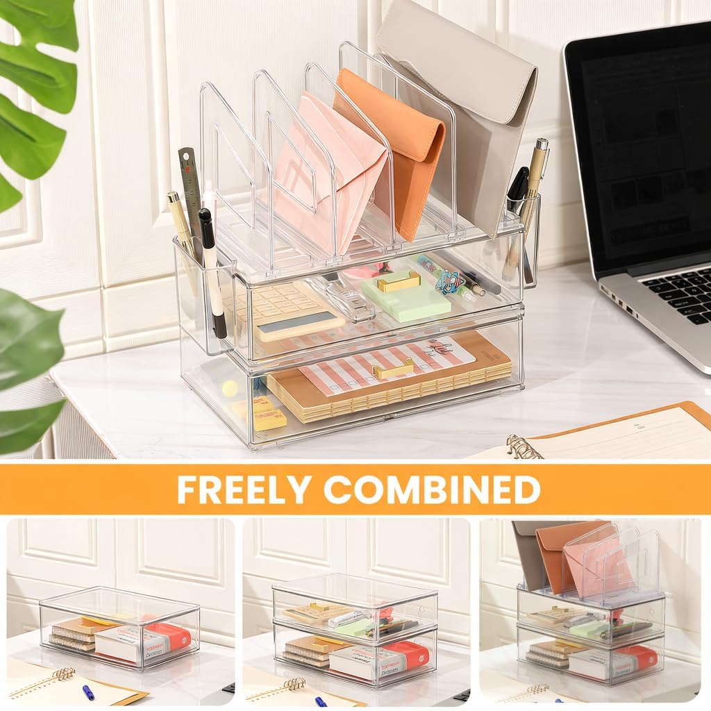 LALOBLUE Acrylic Desk Organizer with Drawer and Vertical File Holder, Desk Organizers and Accessories, Multi-Functional Office Supplies Organizer for Home or Work Desk, White