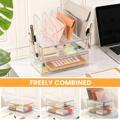 LALOBLUE Acrylic Desk Organizer with Drawer and Vertical File Holder, Desk Organizers and Accessories, Multi-Functional Office Supplies Organizer for Home or Work Desk, White