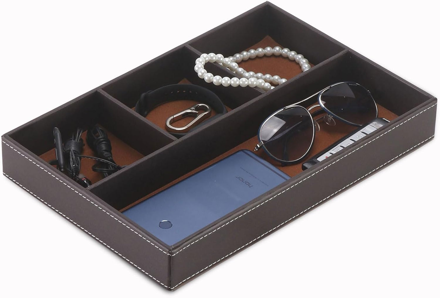 Desktop Glove Box, Nightstand or Dresser Organizer, Valet Tray, Entry Table Organizer, Dresser Storage Box,PU Leather Drawer Storage Decorative Trays.