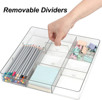 ZEXALOR Adjustable Clear Drawer Organizer, Plastic Drawer Divider Tray with Removable 9 Sections for Desk,Bathroom,Office,Makeup,Junk