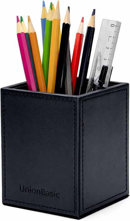 UnionBasic Square Pen Holder, Leather Pencil Cup, Desktop Caddy Stationery Organizer, Beige