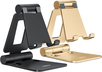 Nulaxy 2 Pack Fully Aluminum Dual Folding Cell Phone Stand, Adjustable Foldable Desktop Phone Holder for Desk Compatible with iPhone 17 16 15 14 13 12 11 Pro Max Xs Xr X 8, All Phones, Black & Silver