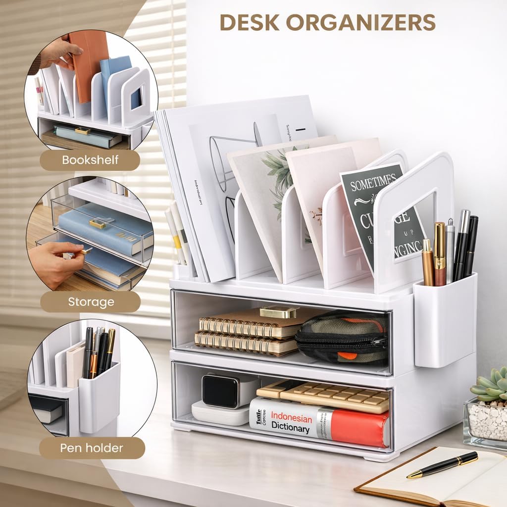 LALOBLUE Acrylic Desk Organizer with Drawer and Vertical File Holder, Desk Organizers and Accessories, Multi-Functional Office Supplies Organizer for Home or Work Desk, White