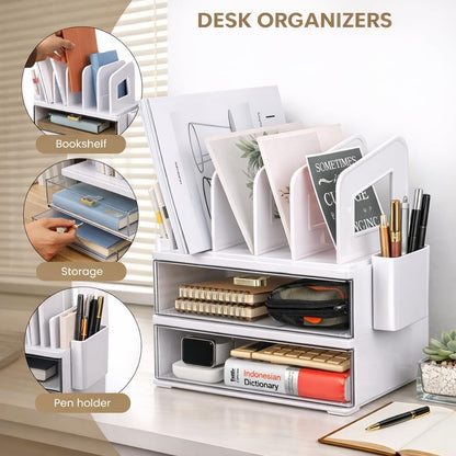 LALOBLUE Acrylic Desk Organizer with Drawer and Vertical File Holder, Desk Organizers and Accessories, Multi-Functional Office Supplies Organizer for Home or Work Desk, White