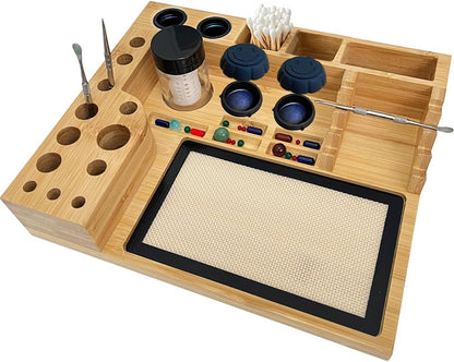 Bamboo Desk Organizer,Carving Tool Organizer with Non-sticky Mat and Silicone Container (21 x 16 x 4.5cm)