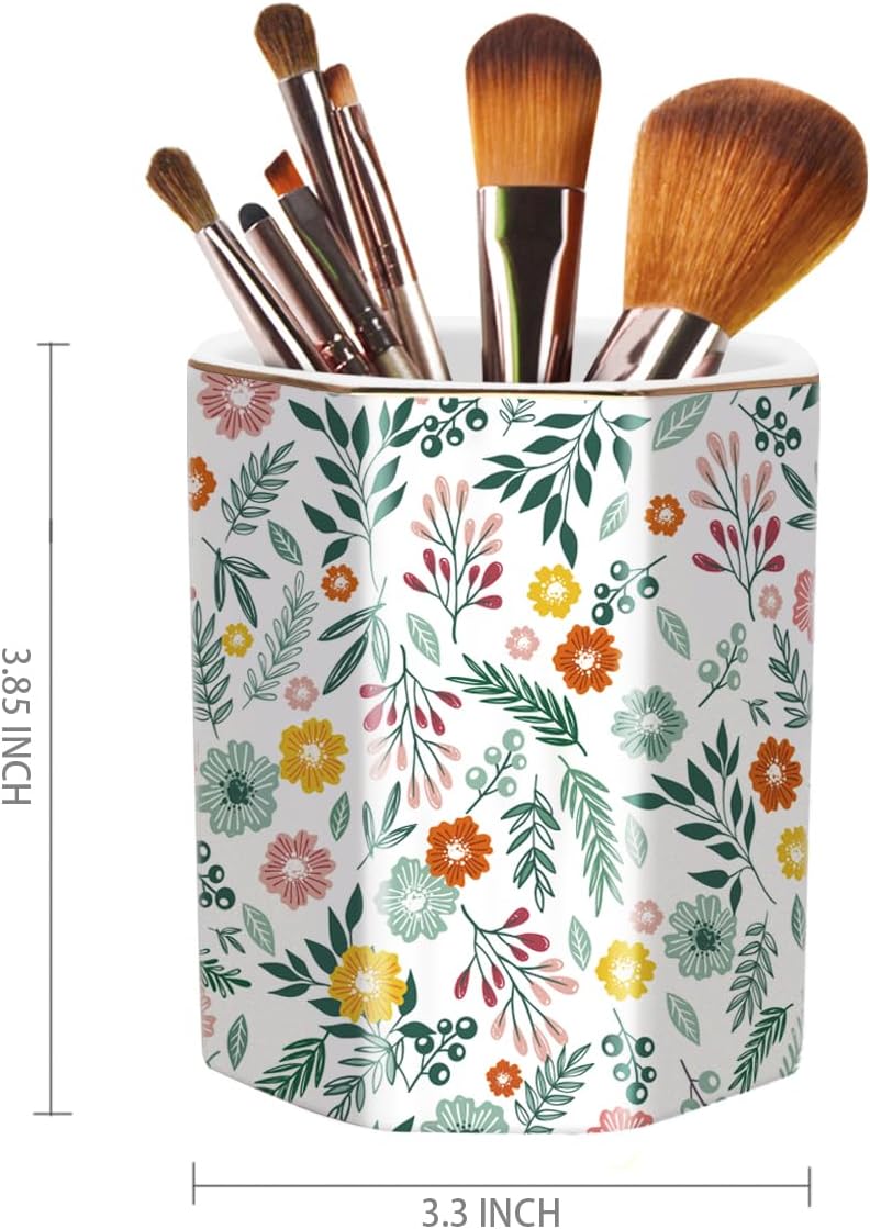 WAVEYU Ceramic Pen Holder for Desk Cute, Pencil Cup Pot Desk Organizer, Makeup Brush Holder for Women, Men, Kids, Desk Marble Decor for Office, Classroom, Home, Gray Golden