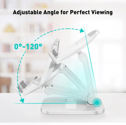 Cell Phone Stand for Desk, Foldable & Adjustable Aluminum Phone Holder Dock - Portable Travel Case Friendly Desktop Cradle for iPhone 17 16 Pro Max Plus Air, Samsung S25 S24, Kindle（White）