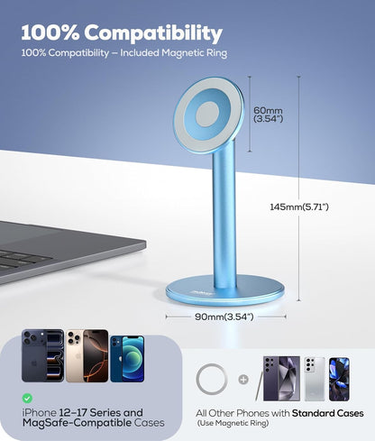 Nulaxy Magnetic Full Aluminum Cell Phone Stand for MagSafe with Metal Ring, 360 Rotating Phone Stand for Desk, Office Desk Accessories, Adjustable Phone Holder Compatible with All Phones, Gray