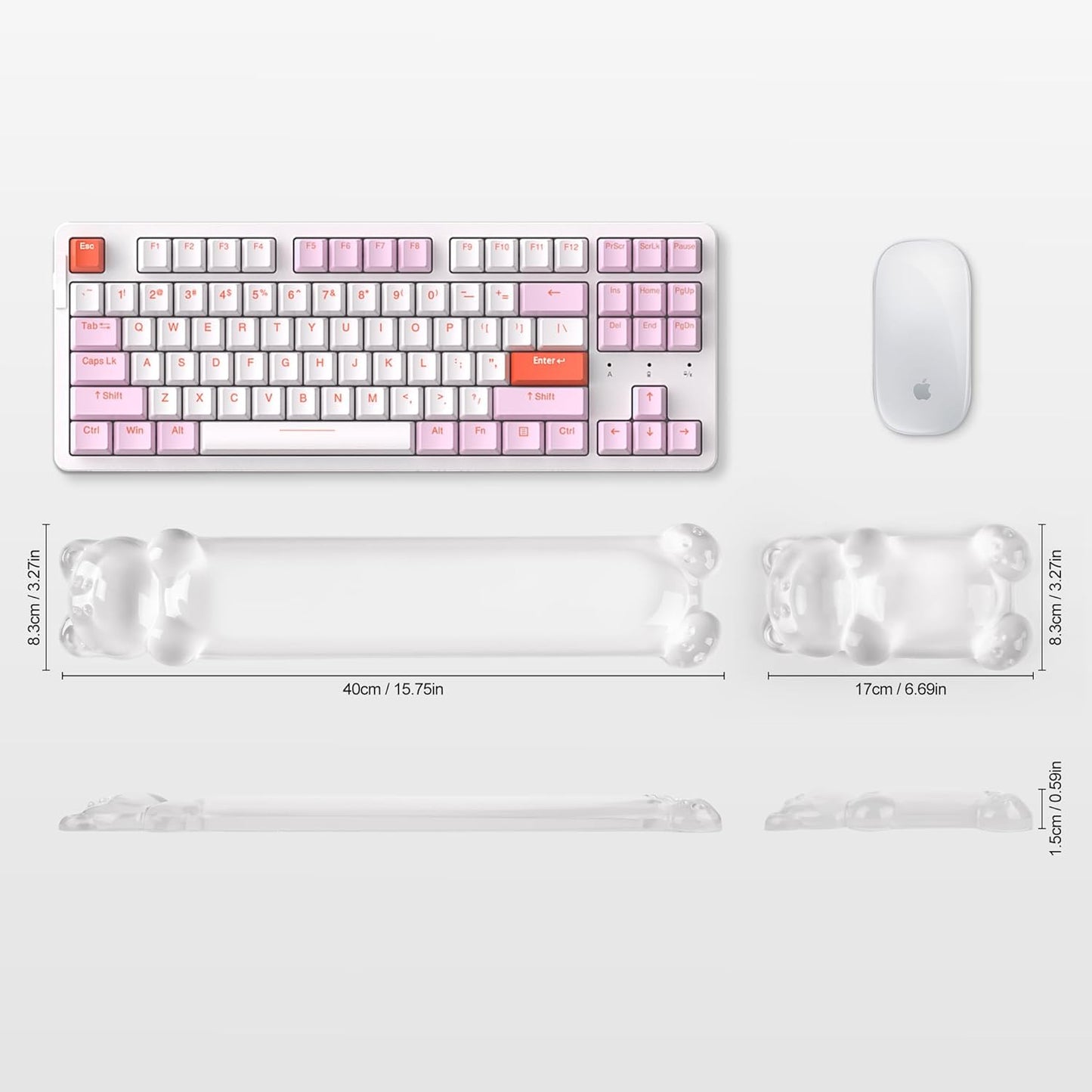Gel Keyboard and Mouse Wrist Rest Set – Clear Wrist Rest for Computer Keyboard 60%/68%/75%, Comfort & Support for Typing and Gaming(Cute Pink Bear)