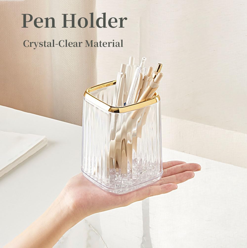 Acrylic Pen Holder, Cute Clear Green Desk Organizer for Pencils, Makeup Brushes Toothbrushes Storage Cup with Striped Design for Vanity Bathroom