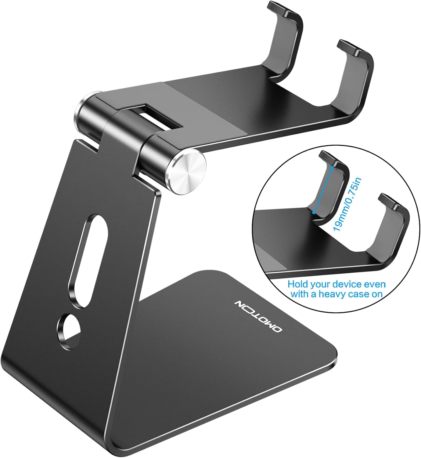 Adjustable Cell Phone Stand, OMOTON Aluminum Desktop Cellphone Stand with Anti-Slip Base and Convenient Charging Port, Fits All Smart Phones, Silver
