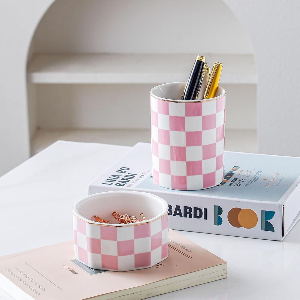 Aesthetic Desk Organizer Set of 2 For Office, Checkered Pen Holder and Paper Clip Holder Dispenser, Ceramic Cute Pencil Cup, Desktop Accessories, Office Decor, Ideal Gifts for Mom (Pink-White)