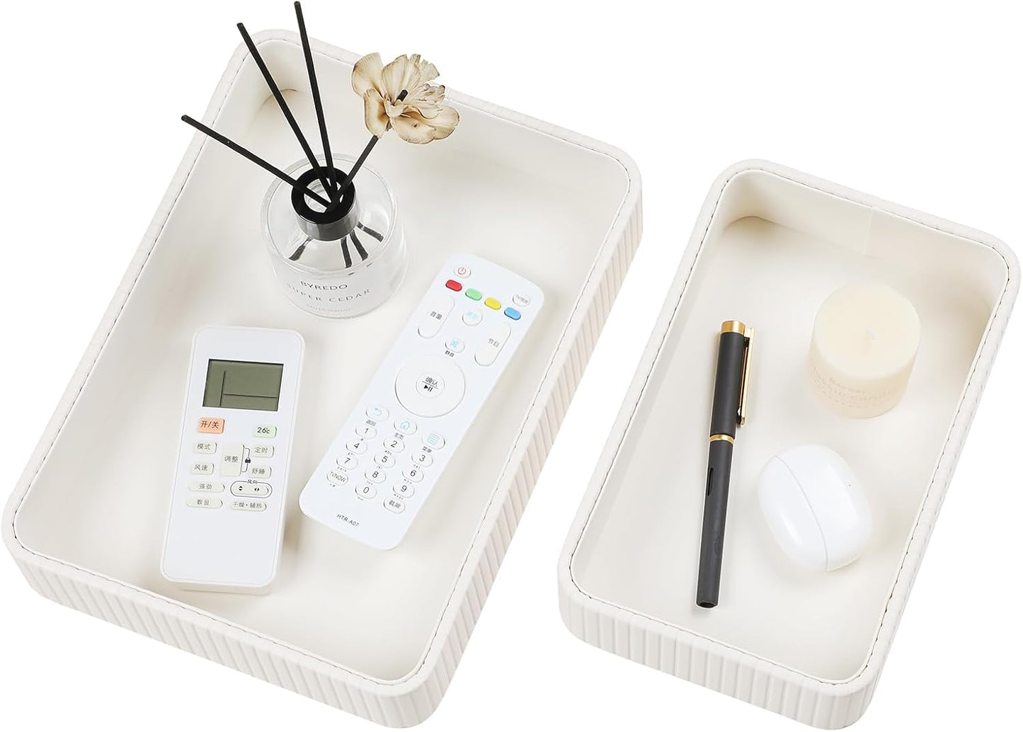 Desk Organizer Tray, PU Leather Nightstand Organizer Perfume Valet Tray for Men Women, Decorative Vanity Trays Trinket Dish Key Bowl for Entryway Table (2pcs, Ivory, Large+Small)