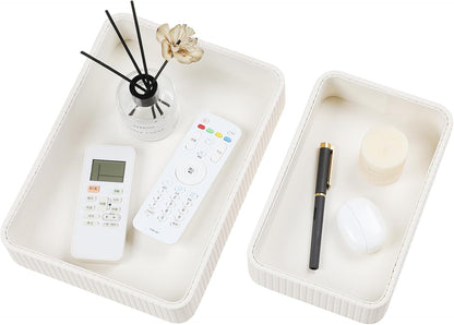 Desk Organizer Tray, PU Leather Nightstand Organizer Perfume Valet Tray for Men Women, Decorative Vanity Trays Trinket Dish Key Bowl for Entryway Table (2pcs, Ivory, Large+Small)