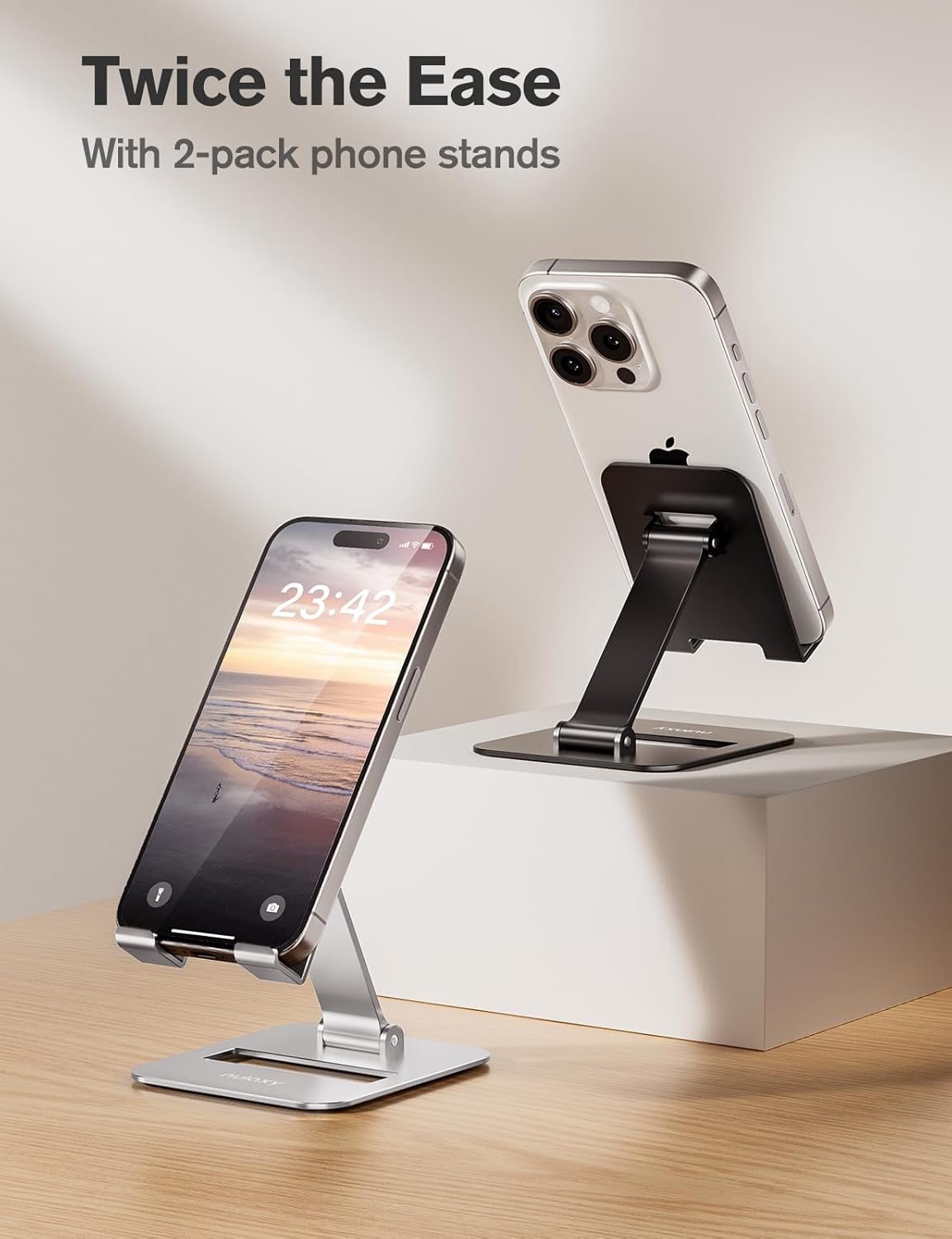 Nulaxy 2 Pack Dual Folding Cell Phone Stand, Fully Adjustable Phone Holder for Desk, Compatible with iPhone 17 16 15 14 13 12 11, Nintendo Switch, All Phones, Black & Rose Gold
