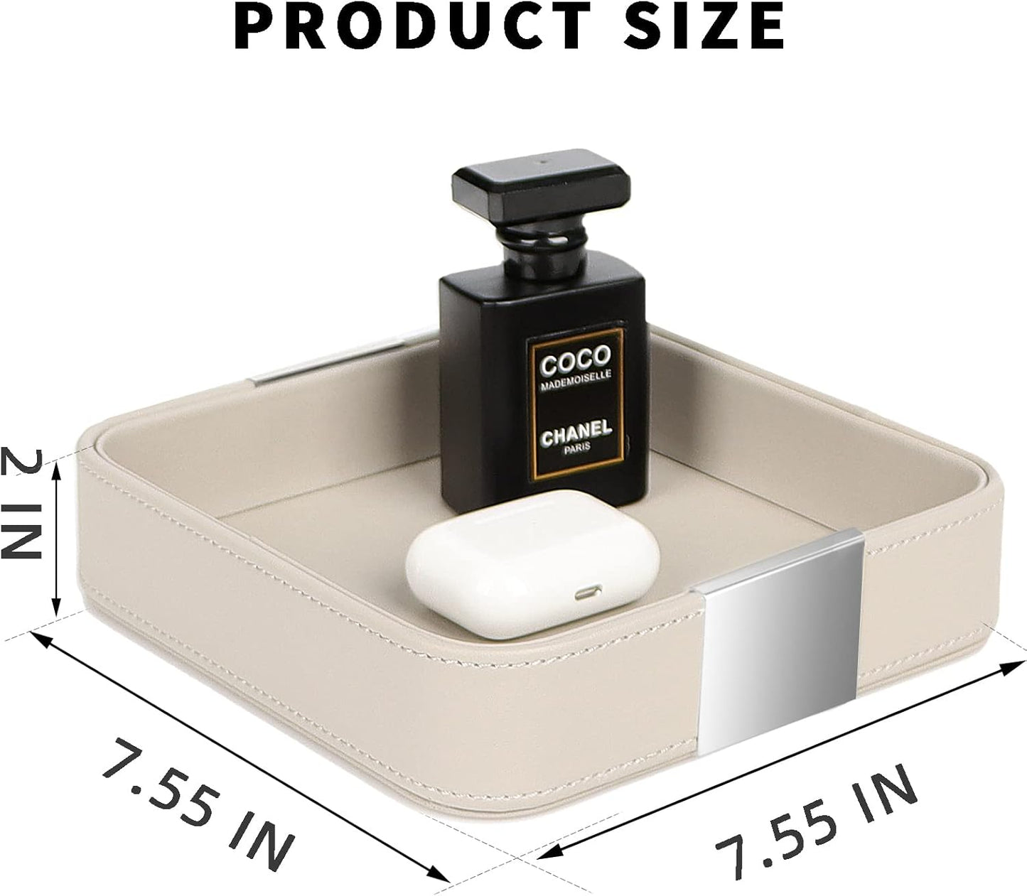 SANZIE Luxury Leather Desktop Storage Small Catchall Organizer Decorative Tray for Entryway Table to Hold Jewelry Watch Cosmetics Keys Phone Wallet, Home & Office Accessories (Metal Silvered, Black)