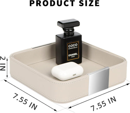 SANZIE Luxury Leather Desktop Storage Small Catchall Organizer Decorative Tray for Entryway Table to Hold Jewelry Watch Cosmetics Keys Phone Wallet, Home & Office Accessories (Metal Silvered, Black)