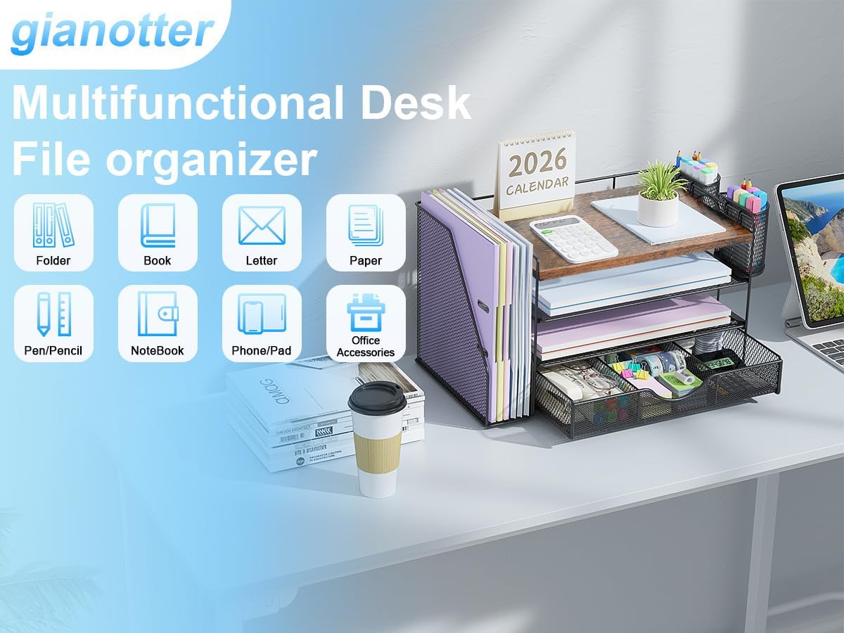 gianotter Desk Organizers and Accessories with File Holder, 4-Tier Desk Accessories & Workspace Organizers with Drawer and 2 Pen Holder, Paper Organizer for Office Supplies (Rose Gold)