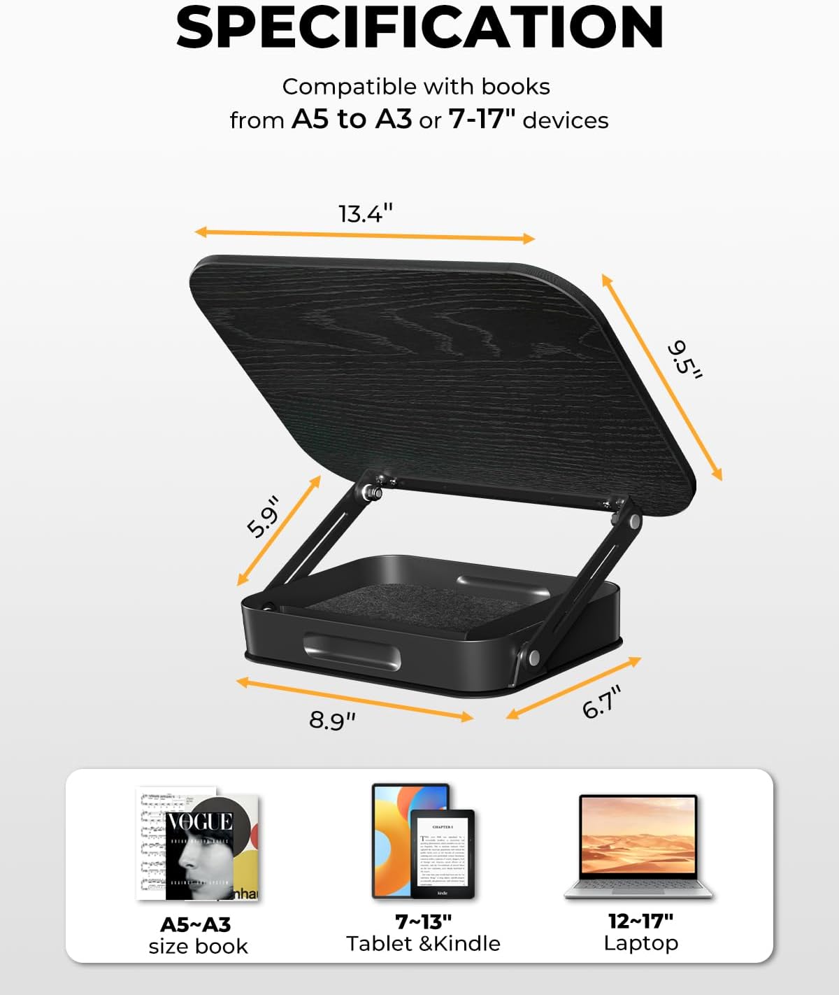Adjustable Book Stand with Storage Drawer, 360° Rotating Book Holder, Height & Angle Adjustable, Extra-Wide Page Clips for Thick Books, Wood & Aluminum Book Stand for Desk, Study, Kitchen