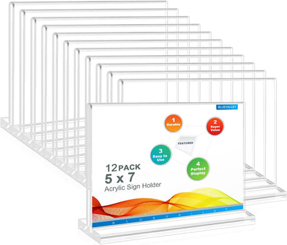 BlueValley Clear Acrylic Sign Holder 5x7 Vertical Double Sided Acrylic Photo Picture Frame for Office Desk, Table Sign Holder for Store, Rrestaurant, Hotel, Cafe, Show Fairs, Vendor-for Brochure Flyer Menu Document-6 pack