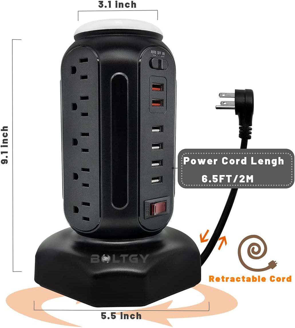 Flat Plug Total Fast Charging Station, Protector with 15 AC Outlets and 6 USB Ports (2 Fast Charge), Tower Surge Protector Power Strip, 6.5FT Extension Cord for Home Office Dorm Room.