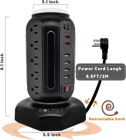 Flat Plug Total Fast Charging Station, Protector with 15 AC Outlets and 6 USB Ports (2 Fast Charge), Tower Surge Protector Power Strip, 6.5FT Extension Cord for Home Office Dorm Room.