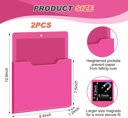 Feifeiya 2 Pcs Magnetic File Folder Wall Hanging Holder Large Pocket Paper Magazine Mail Organizer for Refrigerator Classroom Locker Whiteboard(Vertical,Purple Color,12.2 x 9.4 Inches)