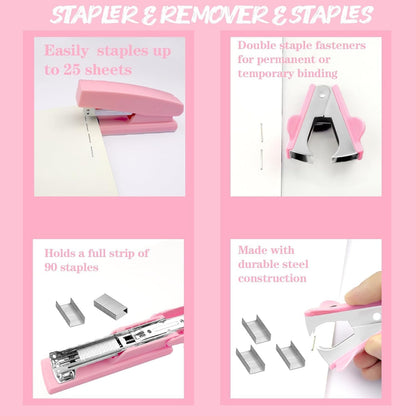 Purple Desk Accessories, 17Pcs Purple Office Supplies Set with Stapler, Mesh Desk Organizer, Tape Dispenser, Staple Remover, Pen Holder, Clips, Pens, Ruler, for Office Home School Women Students Gift