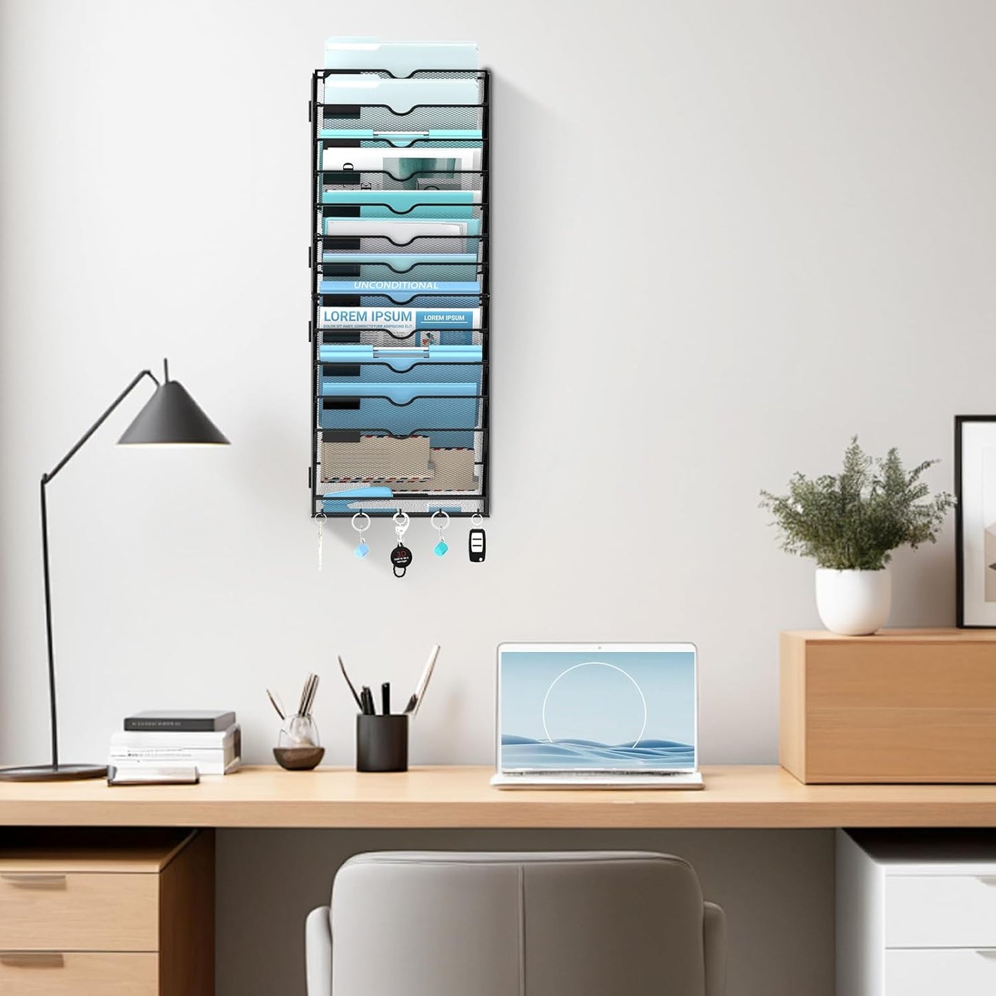 5 Tier Wall File Organizer - Hanging File Organizer with 5 Hooks, Mail Holder Wall Mounted for Papers, Folders, Magazines, Bills, Office&School Organization, Black