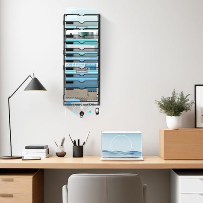 5 Tier Wall File Organizer - Hanging File Organizer with 5 Hooks, Mail Holder Wall Mounted for Papers, Folders, Magazines, Bills, Office&School Organization, Black