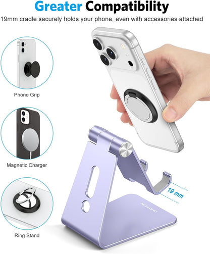 Adjustable Cell Phone Stand, OMOTON Aluminum Desktop Cellphone Stand with Anti-Slip Base and Convenient Charging Port, Fits All Smart Phones, Silver