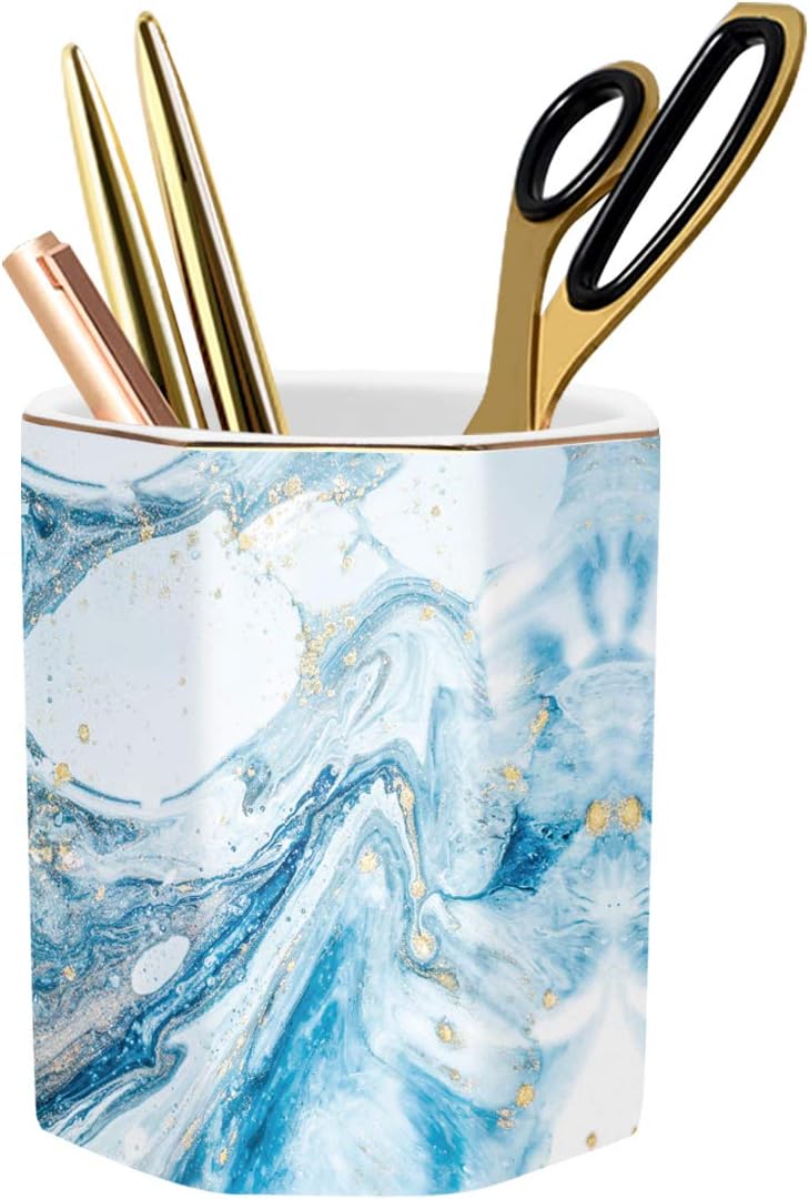 WAVEYU Ceramic Pen Holder for Desk Cute, Pencil Cup Pot Desk Organizer, Makeup Brush Holder for Women, Men, Kids, Desk Marble Decor for Office, Classroom, Home, Gray Golden