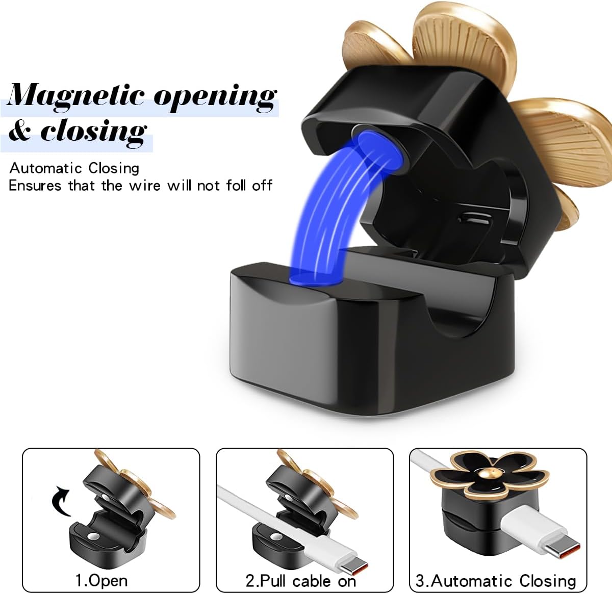 Magnetic Cord Organizer, Easy Secure Adhesive Cable Management, Wire Holder Organizer, Hide Or Organize Phone USB Charger Cable Clips for Home,Office,Car,Desk,Nightstand (White Flower-8 Pack)