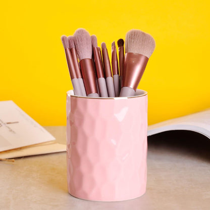 WHJY Ceramic Pink Pencil Cup, Makeup brushes Holder, Gold Pen Holder for Desk Cute Small Boho Brush Holder, Modern Geometry Design Pen Holder