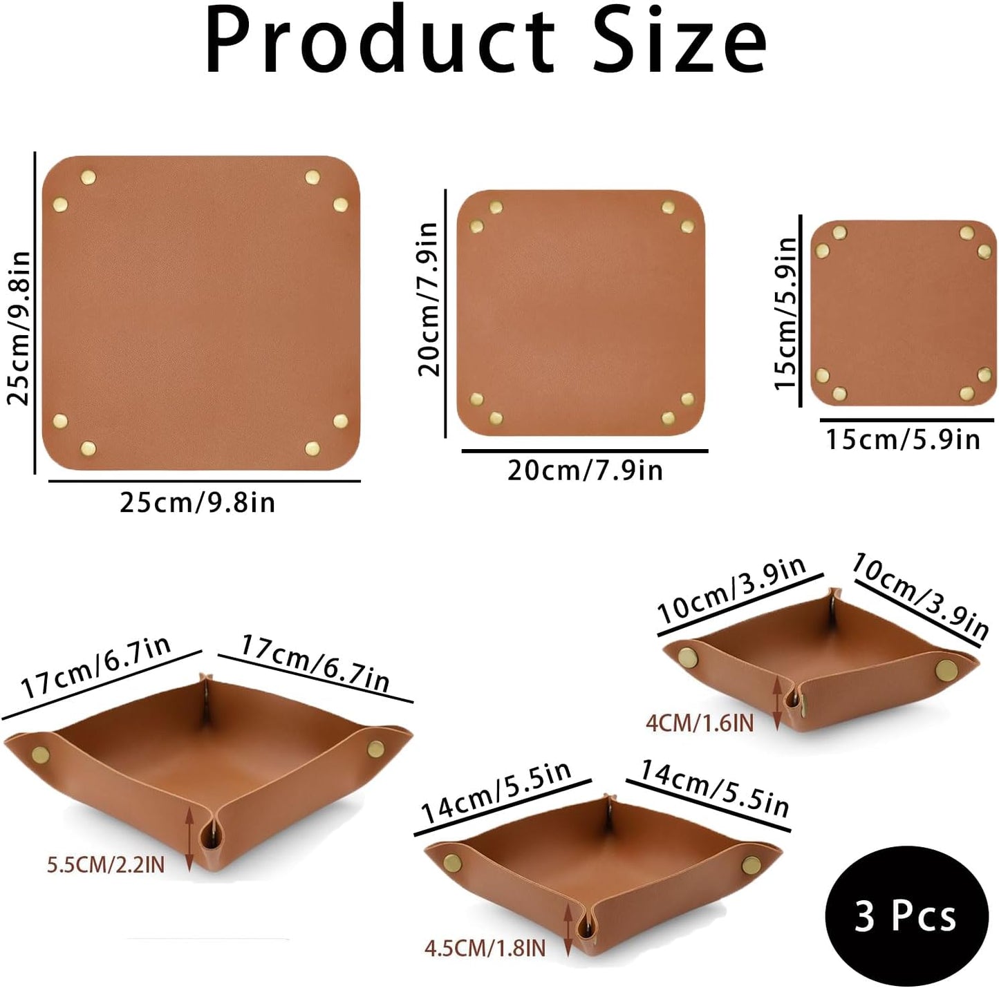 3 Pcs Leather Valet Tray for Keys & Jewelry Premium Desktop Organizer Portable Design for Watches, Wallets, Phones Home Office Travel Nightstand Accessory (Brown)