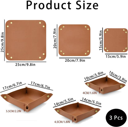3 Pcs Leather Valet Tray for Keys & Jewelry Premium Desktop Organizer Portable Design for Watches, Wallets, Phones Home Office Travel Nightstand Accessory (Brown)