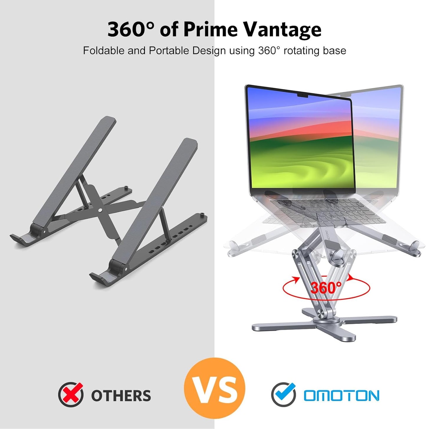 OMOTON LA10 360° Rotating Laptop Stand Riser for Desk, Ergonomic Foldable Computer Stand Adjustable Height Angles for Collaborative Work, Easy Storage Fit Macbooks,All Laptops up to 16 inches, Silver