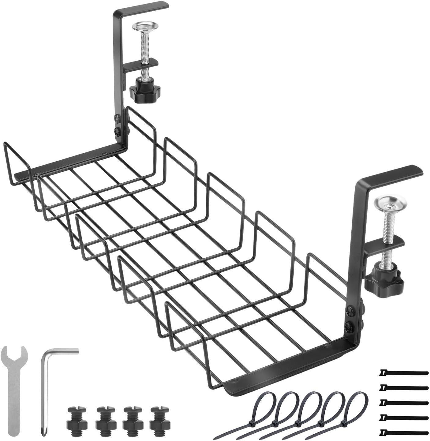 Under Desk Cable Management Tray, 15.7'' Metal Wire Organizer with Clamp, No Drill Desk Cord Rack for Cable Management, Computer Wire Organizer for Office and Home, Sturdy & Scratch-Free