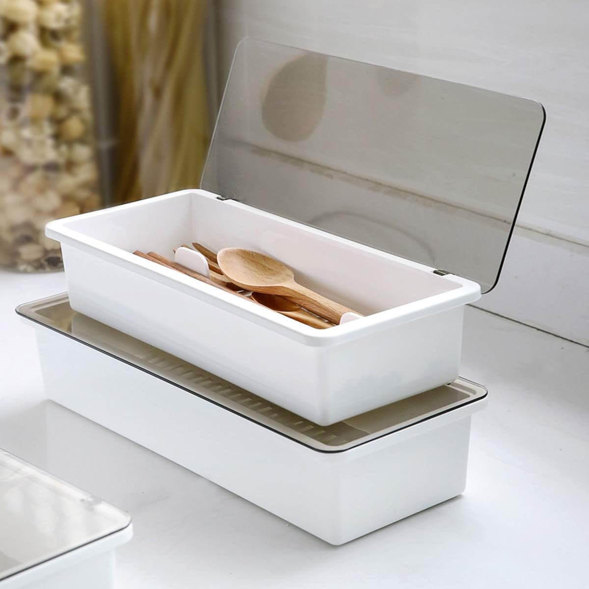 Transparent Flatware Tray Kitchen Drawer Organizer With Lid - Plastic Kitchen Cutlery Tray and Utensil Silverware Storage Container with Cover - Dinnerware Holder for Spoons Forks Knives