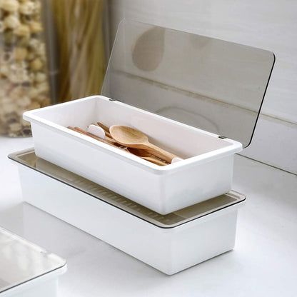 Transparent Flatware Tray Kitchen Drawer Organizer With Lid - Plastic Kitchen Cutlery Tray and Utensil Silverware Storage Container with Cover - Dinnerware Holder for Spoons Forks Knives