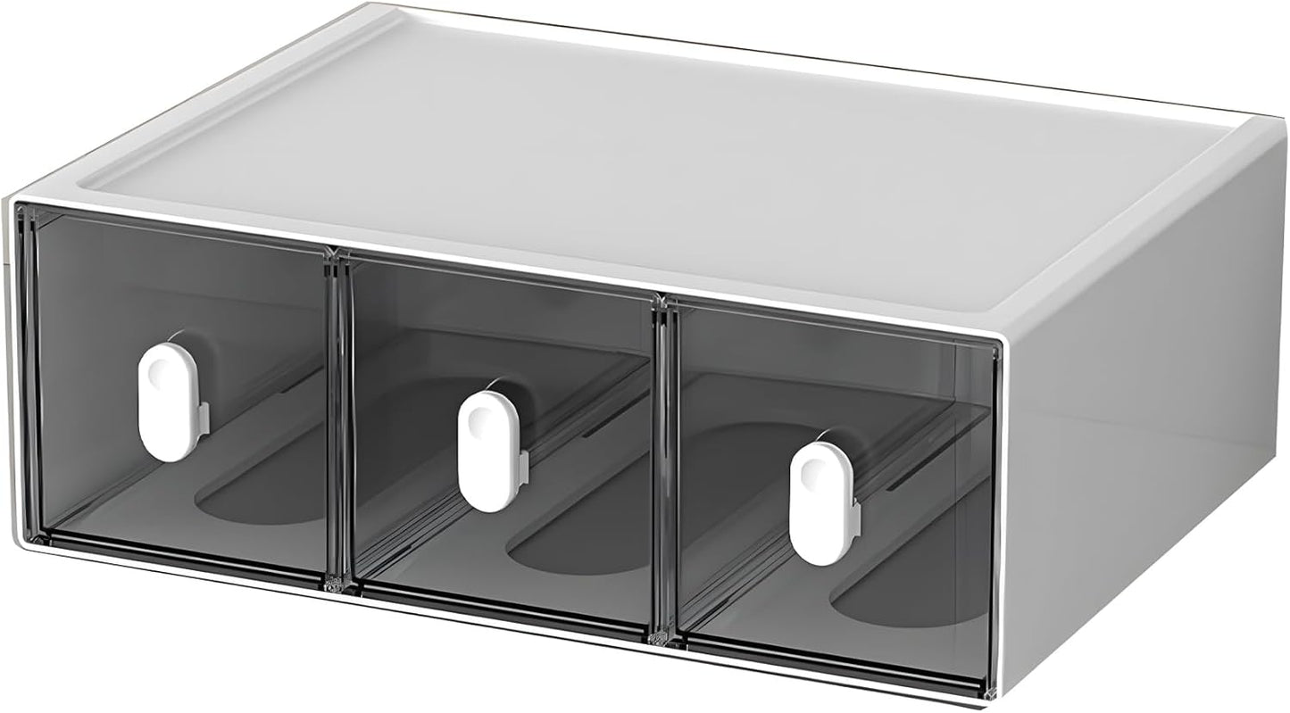 Desktop Storage Drawers, Plastic Desk Organizer with 3 Drawers, Modular Stackable Toolbox Units for Office Stationary, Makeup Container, Bathroom Countertop (1 Tall Layer, Cream & Clear)