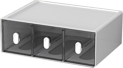 Desktop Storage Drawers, Plastic Desk Organizer with 3 Drawers, Modular Stackable Toolbox Units for Office Stationary, Makeup Container, Bathroom Countertop (1 Tall Layer, Cream & Clear)